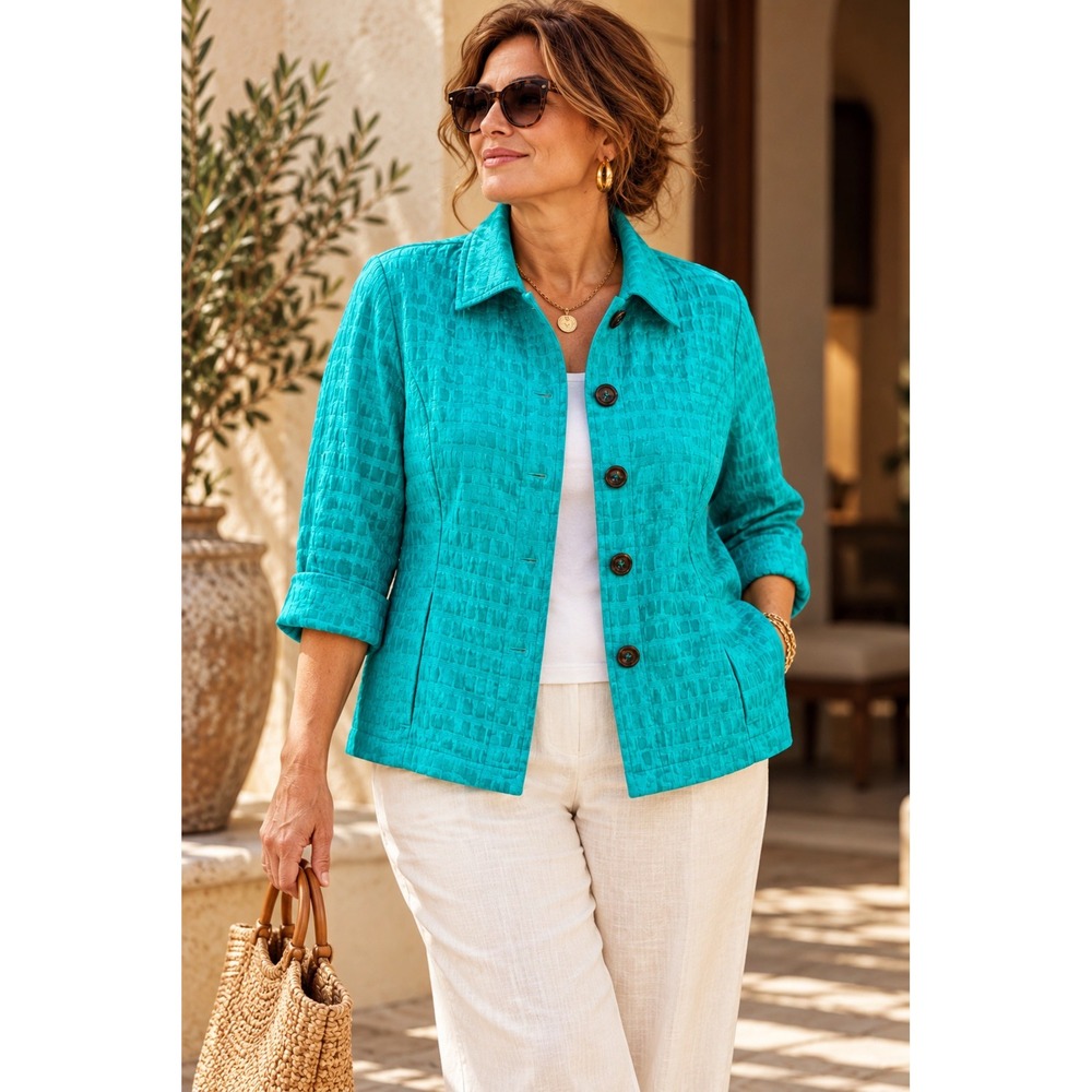 Chico's Turquoise Textured Button Front Jacket 3/4 Sleeve Pockets Size 2